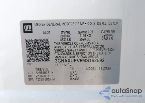 2021 Chevrolet Equinox Awd Lt из США, поврежденный, VIN 3GNAXUEV6MS163592